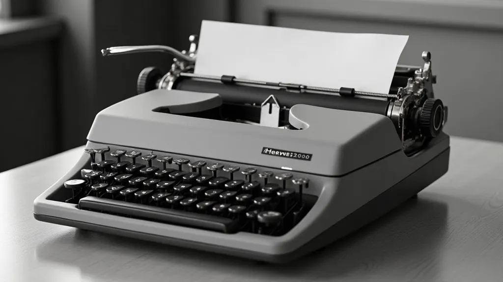 Vintage Hermes 3000 typewriter on a wooden desk