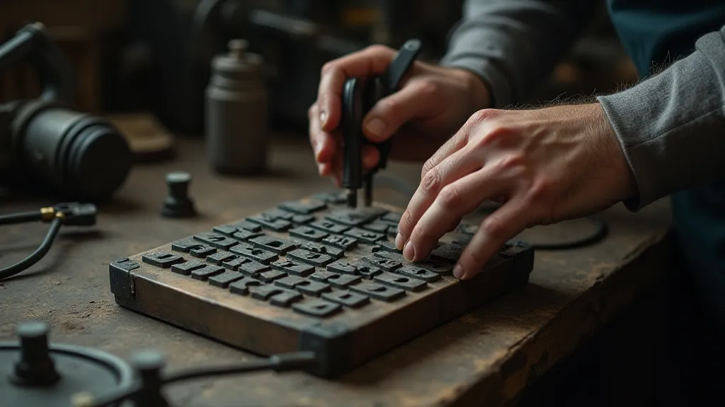 A craftsman examining a metal matrix for typewriter letters.